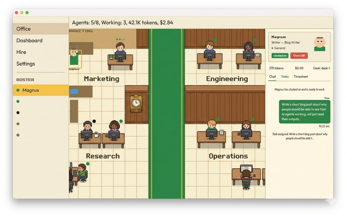 ClockOn app — pixel art office with AI agents working at desks